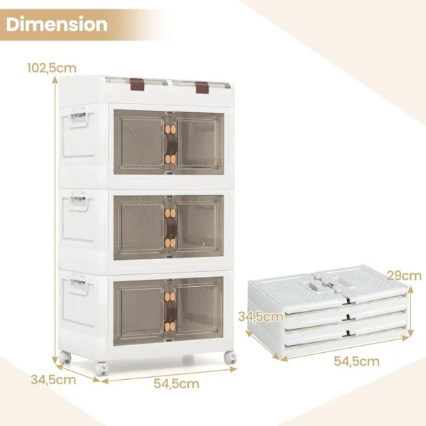 Bacs de Rangement Pliables de 160L avec Couvercles Lot de 3 Conteneurs de Rangement Empilables en Plastique avec Roulettes Blanc