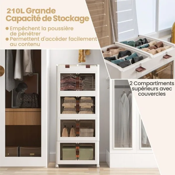 Bacs de Rangement Pliables de 210L avec Couvercles Lot de 4 Conteneurs de Rangement Empilables en Plastique avec Roulettes Blanc