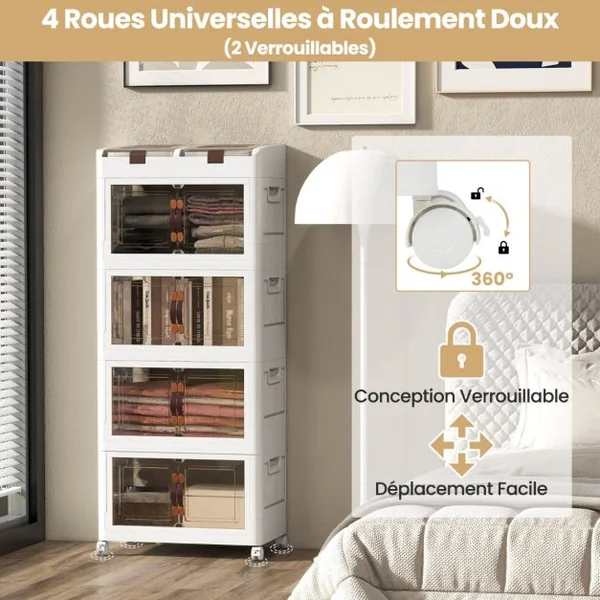 Bacs de Rangement Pliables de 210L avec Couvercles Lot de 4 Conteneurs de Rangement Empilables en Plastique avec Roulettes Blanc