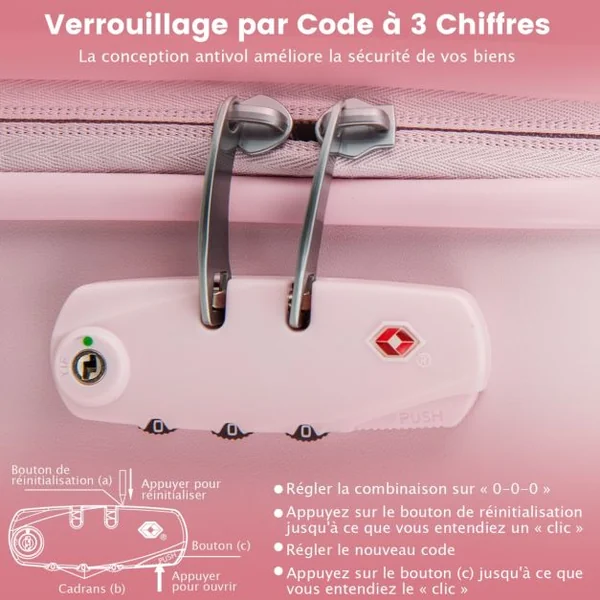 Bagage à Main 20" avec Roulettes Valise Coque Rigide en PC avec Poignée Réglable en Hauteur Approuvé par les Compagnies Aériennes Rose
