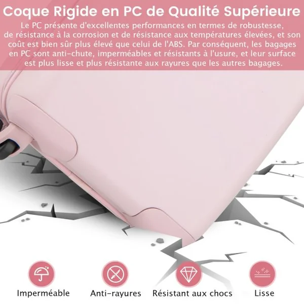 Bagage à Main 20" avec Roulettes Valise Coque Rigide en PC avec Poignée Réglable en Hauteur Approuvé par les Compagnies Aériennes Rose