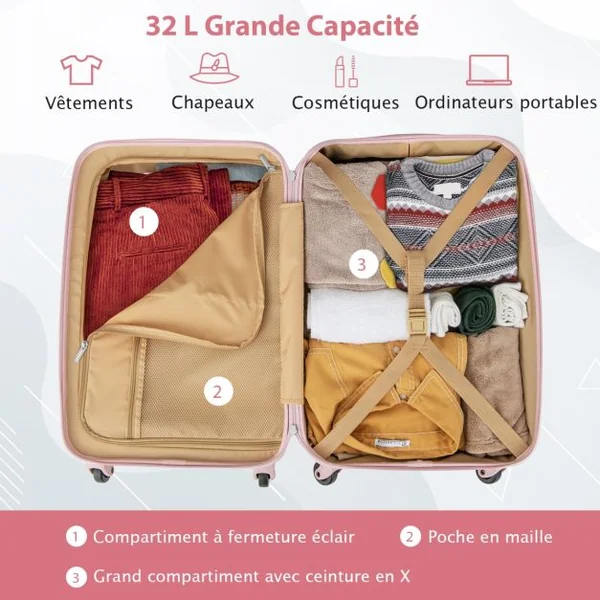 Bagage à Main 20" avec Roulettes Valise Coque Rigide en PC avec Poignée Réglable en Hauteur Approuvé par les Compagnies Aériennes Rose