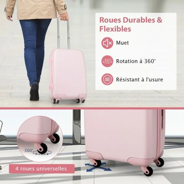 Bagage à Main 20" avec Roulettes Valise Coque Rigide en PC avec Poignée Réglable en Hauteur Approuvé par les Compagnies Aériennes Rose