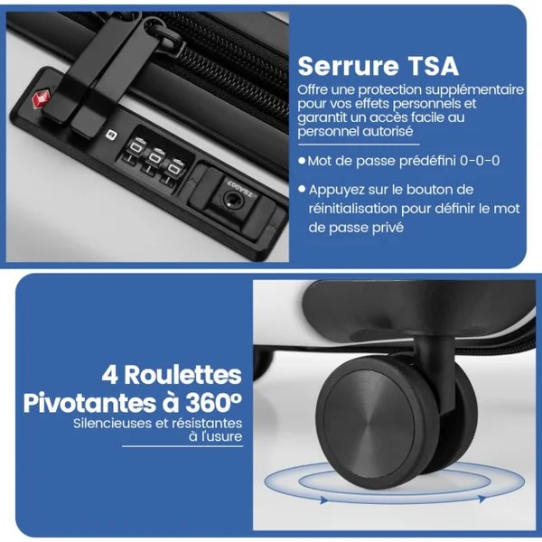 Bagage à Main avec Verrouillage de Sécurité Valise Coque Rigide Légère en Pc avec Poche Port USB Table Pliable Roulettes Bleu Foncé