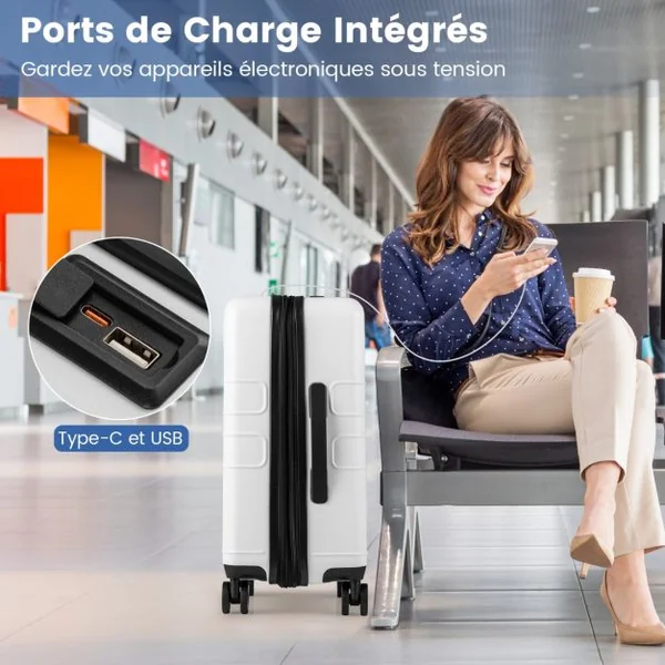 Bagage à Main avec Verrouillage de Sécurité Valise Coque Rigide Légère en Pc avec Poche Port USB Table Pliable Roulettes Bleu Foncé