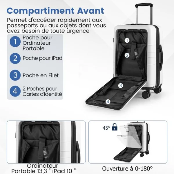 Bagage à Main avec Verrouillage de Sécurité Valise Coque Rigide Légère en Pc avec Poche Port USB Table Pliable Roulettes Bleu Foncé