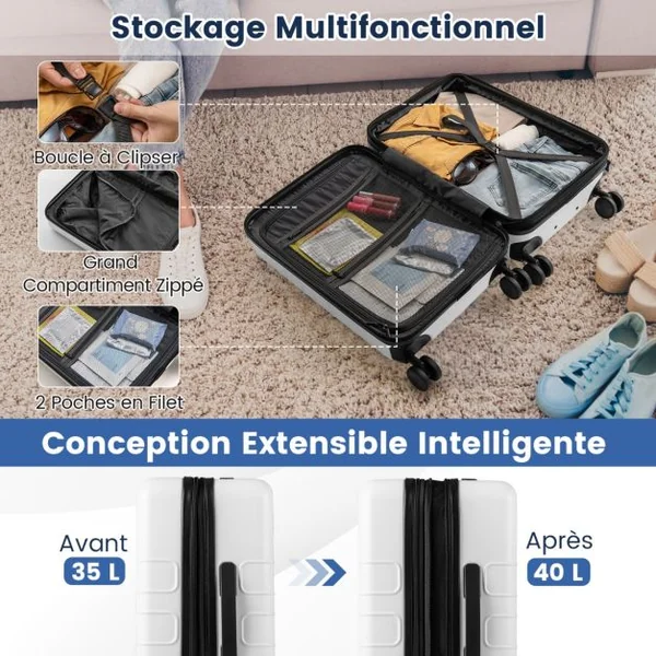 Bagage à Main avec Verrouillage de Sécurité Valise Coque Rigide Légère en Pc avec Poche Port USB Table Pliable Roulettes Bleu Foncé
