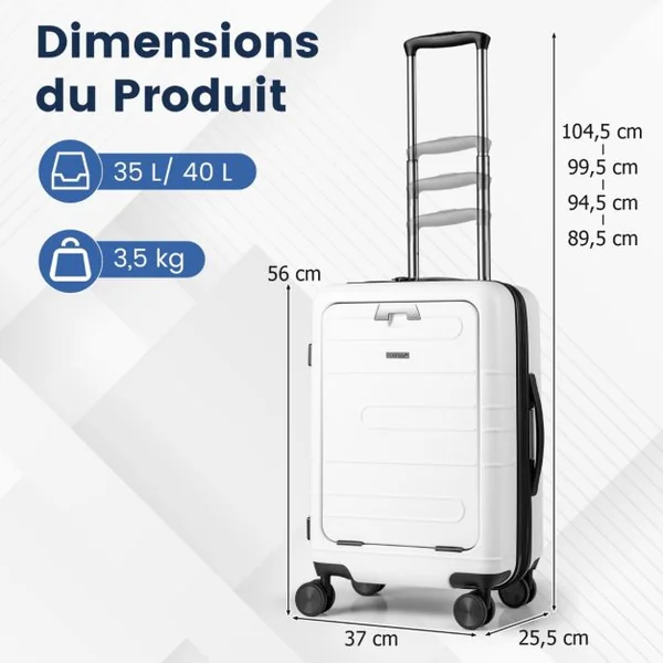Bagage à Main avec Verrouillage de Sécurité Valise Coque Rigide Légère en Pc avec Poche Port USB Table Pliable Roulettes Bleu Foncé