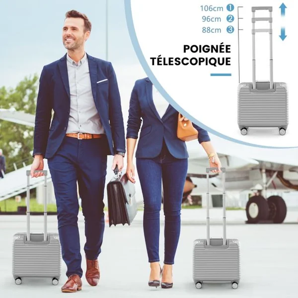 Bagage à Main de 16 Pouces à Coque Rigide en Pc à Roulettes Compartiment pour Ordinateur Portable Approuvée par Les Compagnies Aériennes Argent