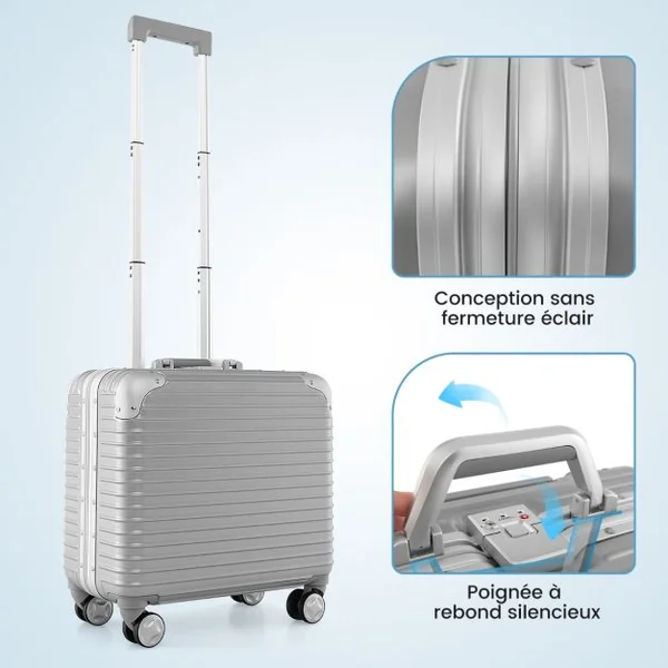 Bagage à Main de 16 Pouces à Coque Rigide en Pc à Roulettes Compartiment pour Ordinateur Portable Approuvée par Les Compagnies Aériennes Argent