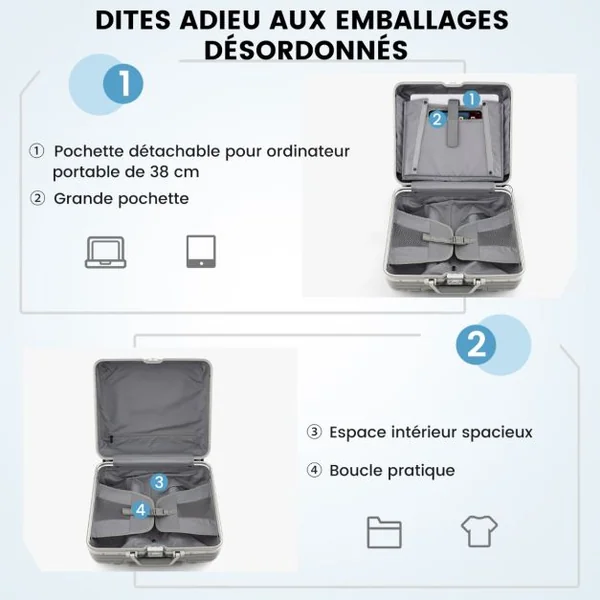 Bagage à Main de 16 Pouces à Coque Rigide en Pc à Roulettes Compartiment pour Ordinateur Portable Approuvée par Les Compagnies Aériennes Argent