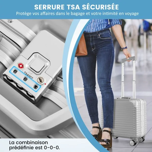 Bagage à Main de 16 Pouces à Coque Rigide en Pc à Roulettes Compartiment pour Ordinateur Portable Approuvée par Les Compagnies Aériennes Argent