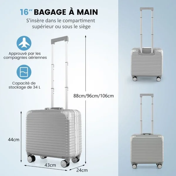Bagage à Main de 16 Pouces à Coque Rigide en Pc à Roulettes Compartiment pour Ordinateur Portable Approuvée par Les Compagnies Aériennes Argent