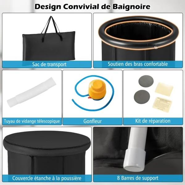 Baignoire Portable Autoportante Pliable Gonflable Kit de Réparation Housse Anti-poussière Baignoire de Récupération à Plusieurs Couches Noir