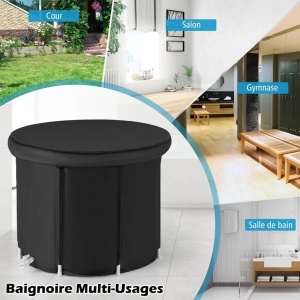 Baignoire Portable Autoportante Pliable Gonflable Kit de Réparation Housse Anti-poussière Baignoire de Récupération à Plusieurs Couches Noir