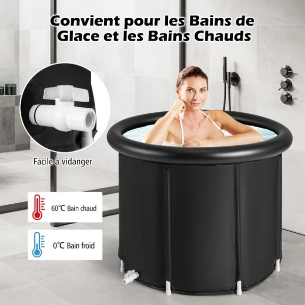 Baignoire Portable Autoportante Pliable Gonflable Kit de Réparation Housse Anti-poussière Baignoire de Récupération à Plusieurs Couches Noir