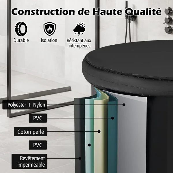 Baignoire Portable Autoportante Pliable Gonflable Kit de Réparation Housse Anti-poussière Baignoire de Récupération à Plusieurs Couches Noir