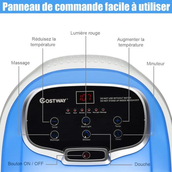 Bain de Pied 15L avec Ecran LED 6 Rouleau de Massage C Chaleur Automatique 35℃-48℃ Fonction de Douche et Lumière Bleu Foncé/Café/Gris/Bleu