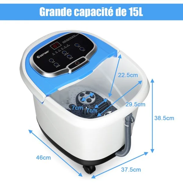 Bain de Pied 15L avec Ecran LED 6 Rouleau de Massage C Chaleur Automatique 35℃-48℃ Fonction de Douche et Lumière Bleu Foncé/Café/Gris/Bleu
