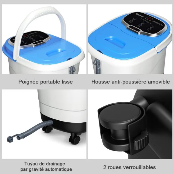 Bain de Pied 15L avec Ecran LED 6 Rouleau de Massage C Chaleur Automatique 35℃-48℃ Fonction de Douche et Lumière Bleu Foncé/Café/Gris/Bleu