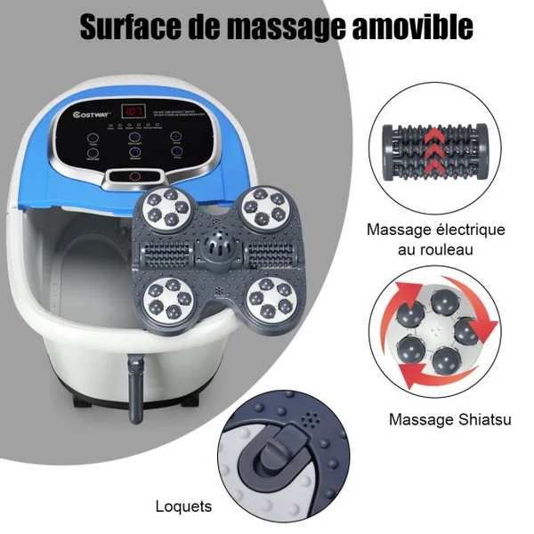 Bain de Pied 15L avec Ecran LED 6 Rouleau de Massage C Chaleur Automatique 35℃-48℃ Fonction de Douche et Lumière Bleu Foncé/Café/Gris/Bleu