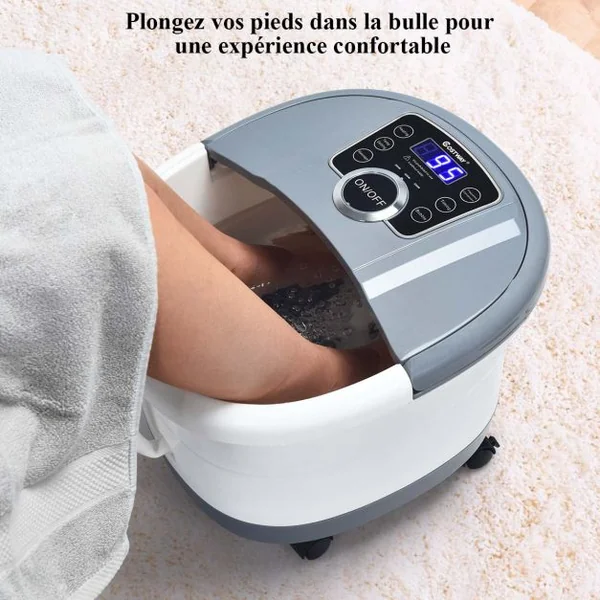 Bain de Pieds avec Affichage LED Chauffage Rapide 35°C à 48°C Massage Automatique Infrarouge Vibration des Bulles Gris