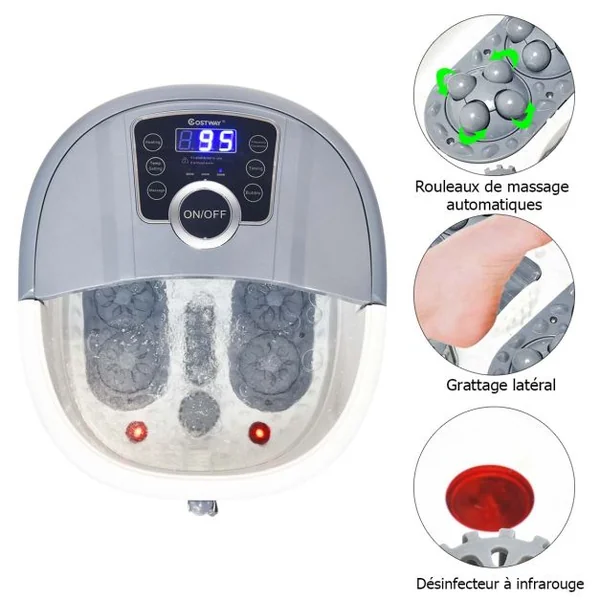 Bain de Pieds avec Affichage LED Chauffage Rapide 35°C à 48°C Massage Automatique Infrarouge Vibration des Bulles Gris