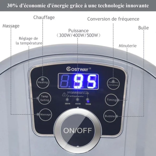Bain de Pieds avec Affichage LED Chauffage Rapide 35°C à 48°C Massage Automatique Infrarouge Vibration des Bulles Gris