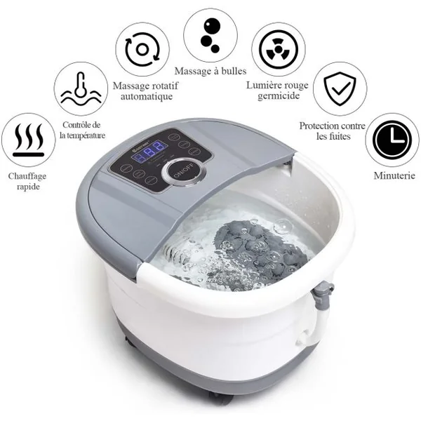 Bain de Pieds avec Affichage LED Chauffage Rapide 35°C à 48°C Massage Automatique Infrarouge Vibration des Bulles Gris