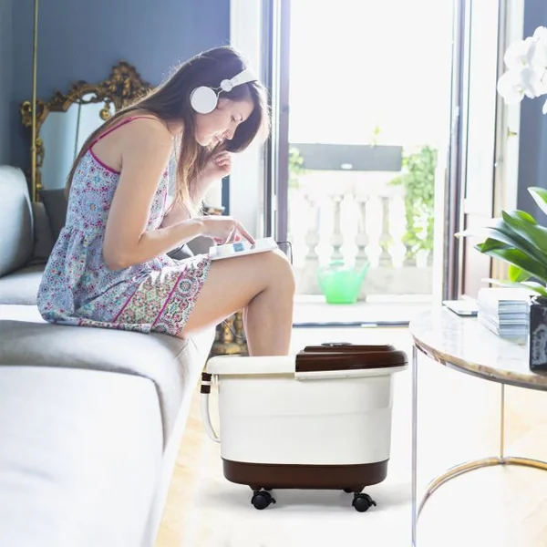 Bain de Pieds avec Affichage LED Chauffage Rapide 35°C à 48°C Massage Automatique Infrarouge Vibration des Bulles Marron