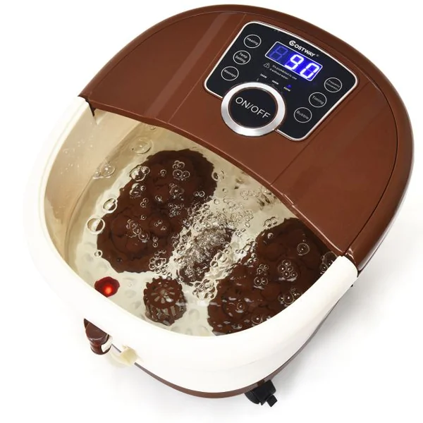 Bain de Pieds avec Affichage LED Chauffage Rapide 35°C à 48°C Massage Automatique Infrarouge Vibration des Bulles Marron