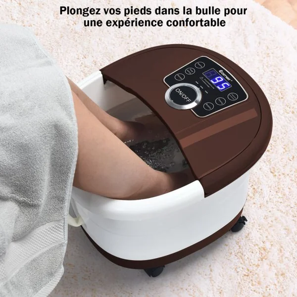 Bain de Pieds avec Affichage LED Chauffage Rapide 35°C à 48°C Massage Automatique Infrarouge Vibration des Bulles Marron