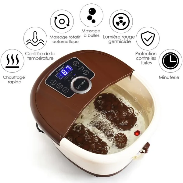 Bain de Pieds avec Affichage LED Chauffage Rapide 35°C à 48°C Massage Automatique Infrarouge Vibration des Bulles Marron