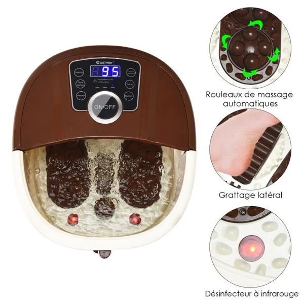Bain de Pieds avec Affichage LED Chauffage Rapide 35°C à 48°C Massage Automatique Infrarouge Vibration des Bulles Marron