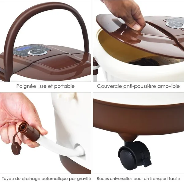 Bain de Pieds avec Affichage LED Chauffage Rapide 35°C à 48°C Massage Automatique Infrarouge Vibration des Bulles Marron