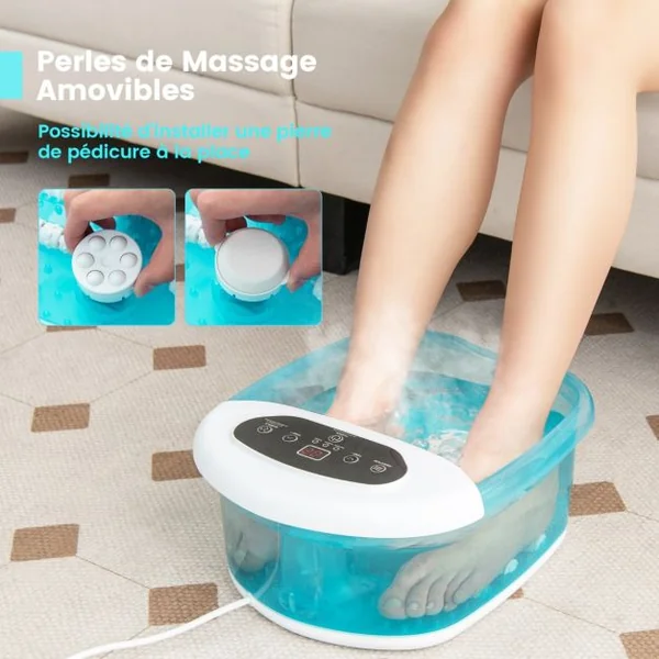 Bain de Pieds avec Massage Automatique Massage Pieds 35-46°C avec Vibration des Bulles Pierre de Pédicure et Perles de Massage Température Réglable Bleu/Bleu+Blanc/Gris