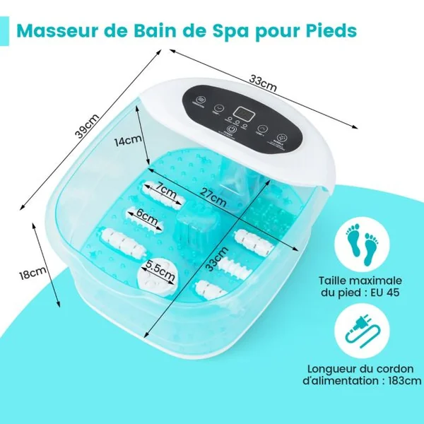 Bain de Pieds avec Massage Automatique Massage Pieds 35-46°C avec Vibration des Bulles Pierre de Pédicure et Perles de Massage Température Réglable Bleu/Bleu+Blanc/Gris