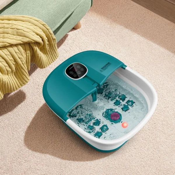 Bain de Pieds Massant Pliable Lumière Rouge Température Réglable avec Télécommande Massage au Rouleau Vert/Bleu/Vert Foncé
