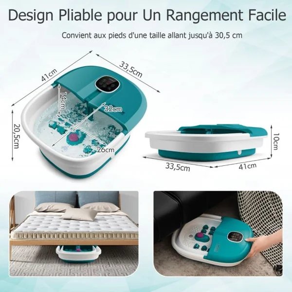 Bain de Pieds Massant Pliable Lumière Rouge Température Réglable avec Télécommande Massage au Rouleau Vert/Bleu/Vert Foncé