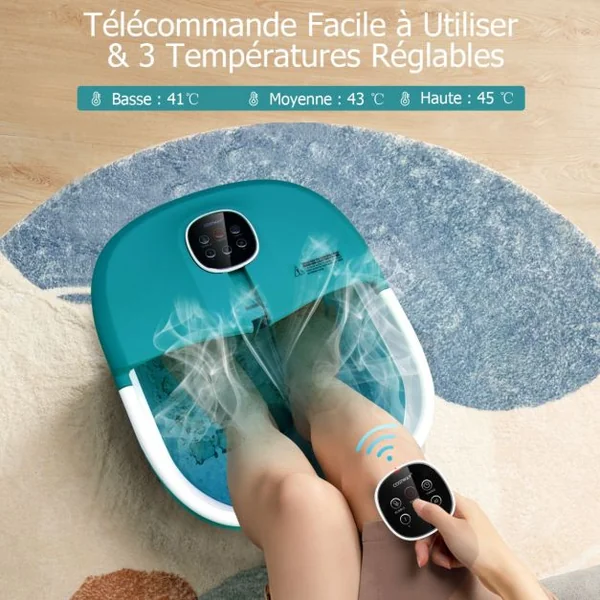 Bain de Pieds Massant Pliable Lumière Rouge Température Réglable avec Télécommande Massage au Rouleau Vert/Bleu/Vert Foncé