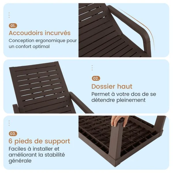 Bain de Soleil de Jardin Réglable à 4 Positions avec 6 Pieds de Soutien pour Jardin Cour Piscine Patio Jusqu'à 150 kg Marron