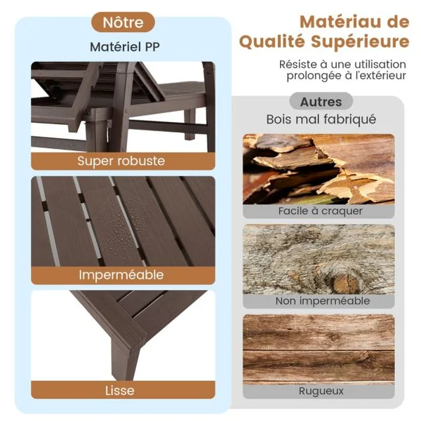 Bain de Soleil de Jardin Réglable à 4 Positions avec 6 Pieds de Soutien pour Jardin Cour Piscine Patio Jusqu'à 150 kg Marron