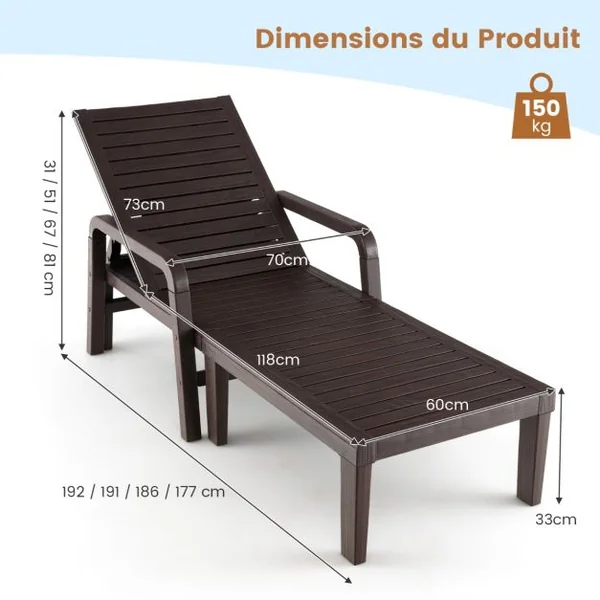 Bain de Soleil de Jardin Réglable à 4 Positions avec 6 Pieds de Soutien pour Jardin Cour Piscine Patio Jusqu'à 150 kg Marron
