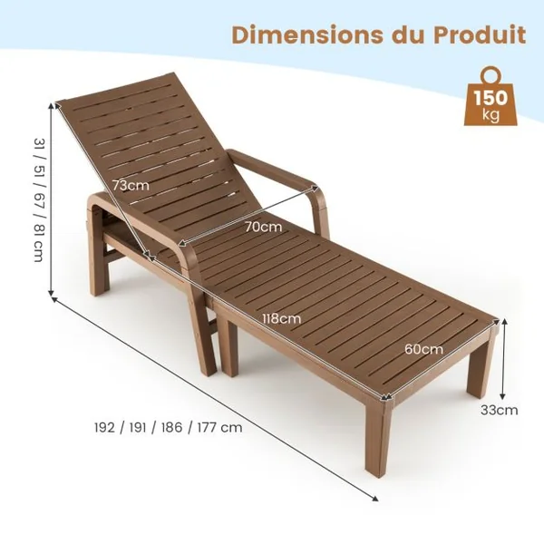 Bain de Soleil de Jardin Réglable à 4 Positions avec 6 Pieds de Soutien pour Jardin Cour Piscine Patio Jusqu'à 150 kg Naturel