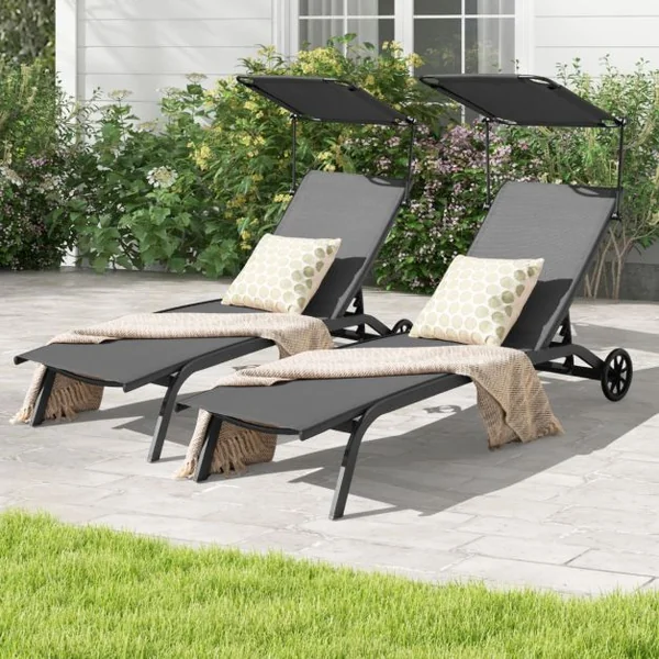 Bain de Soleil Inclinable à Dossier 6 Niveaux Charge 150 KG Chaise Longue avec Roues Auvent Réglable Porte-Gobelet Transat Café/Gris