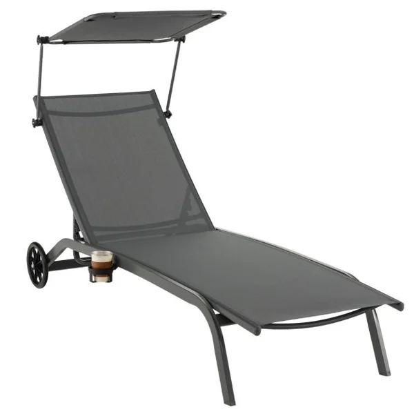 Bain de Soleil Inclinable à Dossier 6 Niveaux Charge 150 KG Chaise Longue avec Roues Auvent Réglable Porte-Gobelet Transat Café/Gris