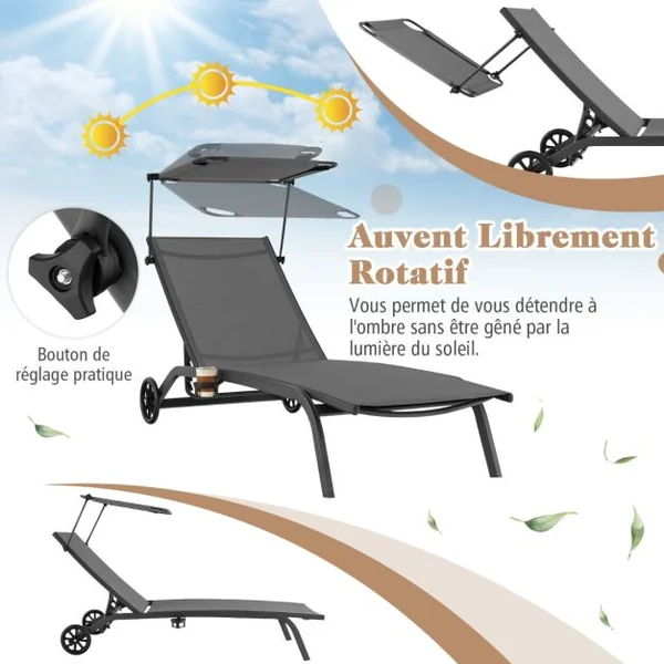 Bain de Soleil Inclinable à Dossier 6 Niveaux Charge 150 KG Chaise Longue avec Roues Auvent Réglable Porte-Gobelet Transat Café/Gris