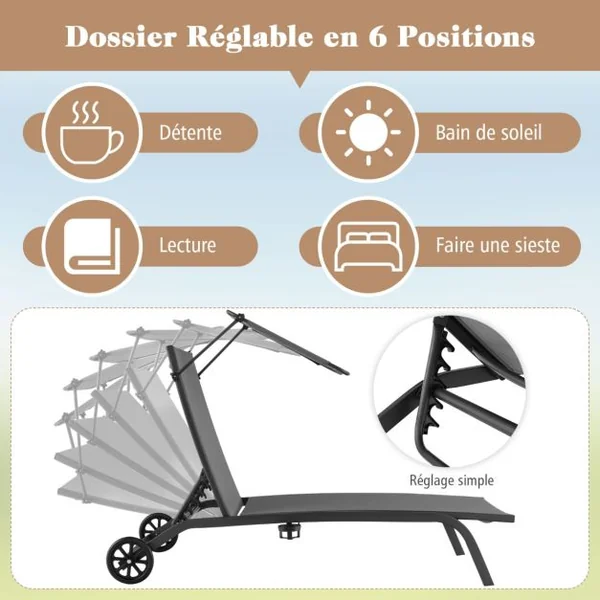 Bain de Soleil Inclinable à Dossier 6 Niveaux Charge 150 KG Chaise Longue avec Roues Auvent Réglable Porte-Gobelet Transat Café/Gris