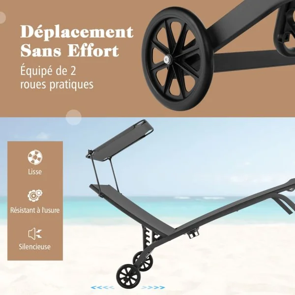 Bain de Soleil Inclinable à Dossier 6 Niveaux Charge 150 KG Chaise Longue avec Roues Auvent Réglable Porte-Gobelet Transat Café/Gris