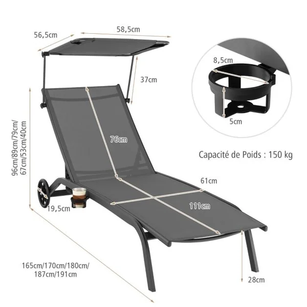 Bain de Soleil Inclinable à Dossier 6 Niveaux Charge 150 KG Chaise Longue avec Roues Auvent Réglable Porte-Gobelet Transat Café/Gris